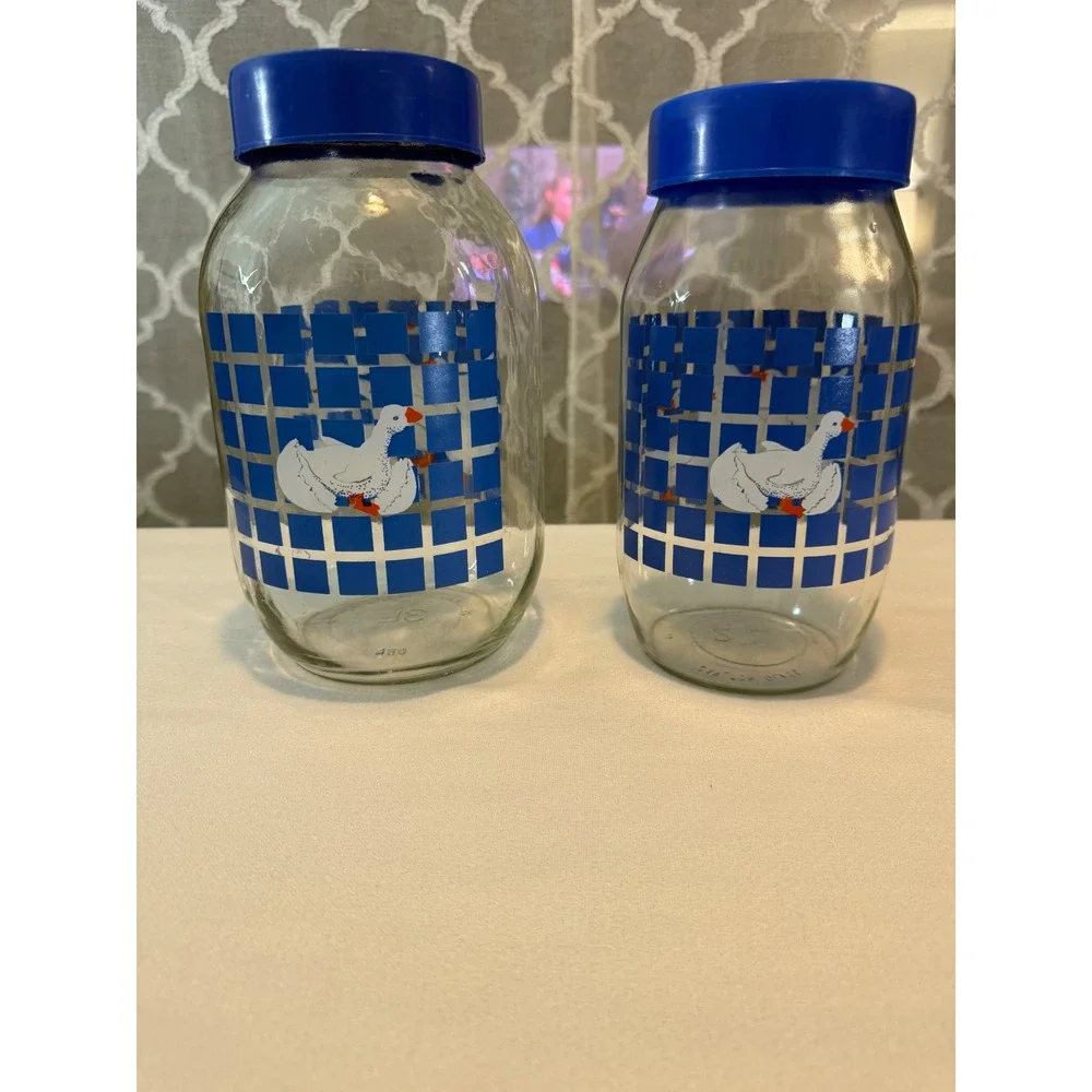 Vintage Country Geese Glass Canister Set 1L 3L Blue Checkered Jars with Lids